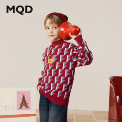 MQD 马骑顿 男童24冬中大童学院风满版卡通拜年服喜庆半高领毛衣 暗红 140