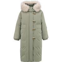 初语羽绒服女2025冬季牛角扣宽松毛领连帽90绒三防黑科技外套 浅灰绿 M