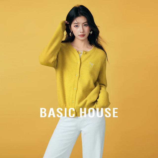 BASIC HOUSE 百家好 温柔风假两件针织开衫春季蝴蝶结软糯上衣 黄色 L