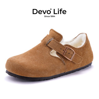 的沃 Devo Life 的沃 爆款！软木鞋休闲冬季毛加绒内里保暖包头勃肯鞋女鞋96008 黄棕反绒皮+羊毛
