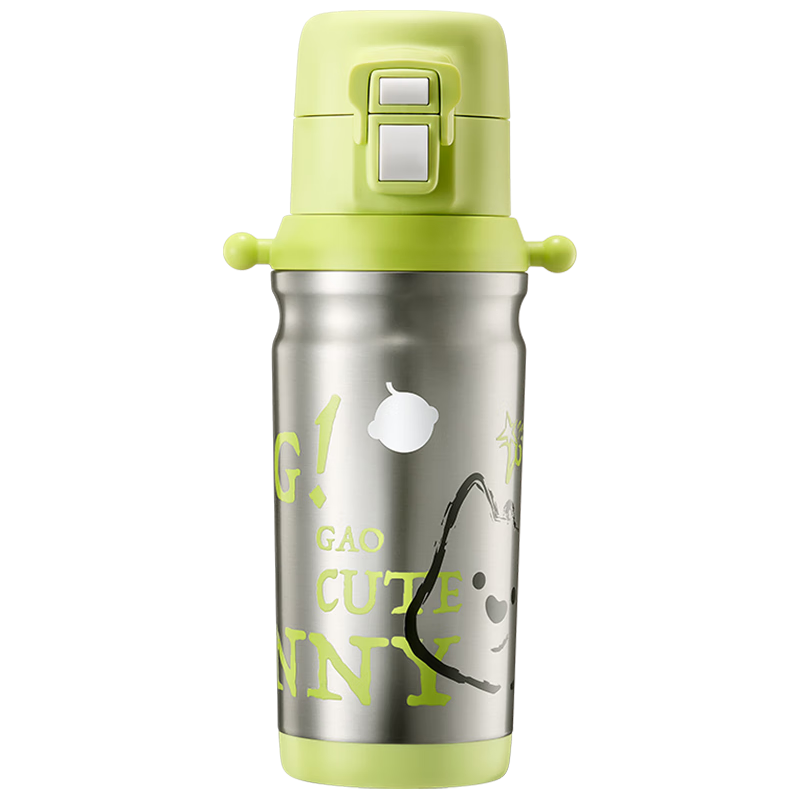 babycare奇趣公仔儿童保温杯婴儿宝宝学饮杯吸管水杯水壶不锈钢-青500ml 【赠背带+短提手】双饮-青500ml