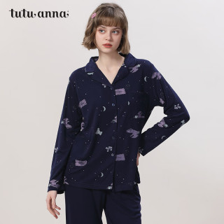 tutuanna春秋家居服睡衣女 小熊印花长袖长裤舒适透气家居服套装 藏青色 M 160/84A (适合身高155-170c体
