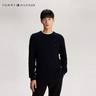 TOMMY HILFIGER 男女純棉簡約繡標(biāo)絞花圓領(lǐng)寬松打底針織衫毛衣MW0MW33132 藏青色DW5 S
