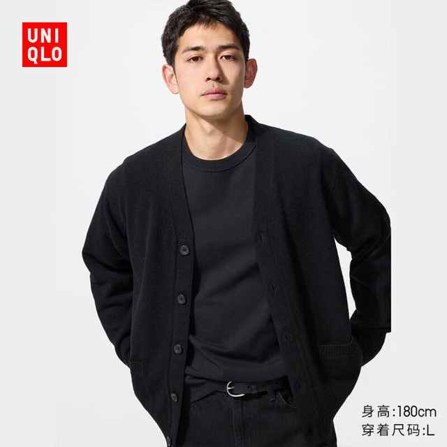 今日必买：UNIQLO 男装女装柔软绵羊毛V领针织开衫/毛衣毛衫外套25478547 09 黑色 XL /180/108B