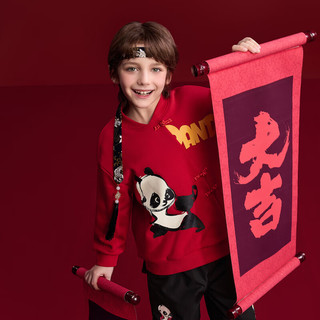 马骑顿（MQD）MQD童装男童红色卫衣2024冬装加绒加厚儿童新年国风保暖卫衣 中国红 1