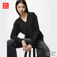 优衣库 女装可机洗罗纹半开领针织衫/毛衣25秋冬480414 09 黑色 XS