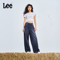 Lee 【张凌赫代言】舒适五袋款中深蓝色女阔腿牛仔裤休闲潮 中深蓝色