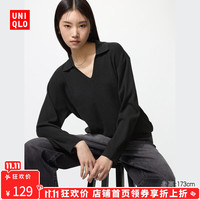 优衣库 女装可机洗罗纹半开领针织衫/毛衣25秋冬480414 09 黑色 S