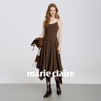 marie claire 【沙漠玫瑰】波西米亚风设计高级感早秋不规则吊带格纹连衣裙