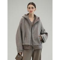 COCOBELLA 假两件休闲连帽毛呢外套女秋冬亮丝水波纹质感大衣WL3205