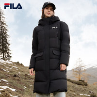 FILA 斐护科技|斐乐官方女装长款羽绒服舒适保暖连帽外套 正黑色-BK