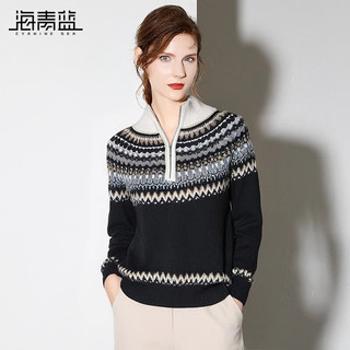 海青蓝费尔岛复古提花半开襟拉链长袖针织衫女时尚高级感慵懒套头毛衣 费尔岛提花