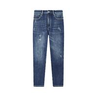 gxg.jeans男装牛仔裤秋季磨破做旧设计复古休闲水洗直筒长裤子 牛仔蓝-加绒 XL (180) -32码