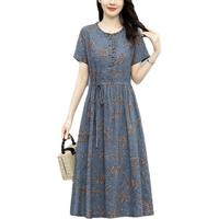 皮尔卡丹(pierre cardin)棉麻碎花连衣裙女2023年夏季妈短袖收腰气质高端大牌印花亚麻裙 牛仔蓝