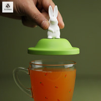 奥奇朗泰国趣味玻璃杯马克杯创意小兔老鼠企鹅环保杯子牛奶果汁杯 玻璃杯 白兔杯盖 1只装