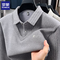 罗蒙（ROMON）男士假两件加绒毛衣2025秋冬新款保暖仿雪貂绒打底针织衫男装上衣 黑色 M (165) (建议体重90-110斤)