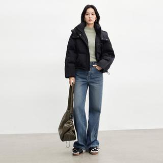 冬装90白鸭绒肌理缎感仿醋酸连帽面包服女式短款羽绒服