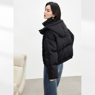 冬装90白鸭绒肌理缎感仿醋酸连帽面包服女式短款羽绒服