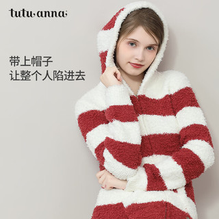 tutuanna秋冬半边绒睡衣女半边绒保暖条纹连帽上衣短裤家居服套装女可外穿 粉色套装（2件装） 均码