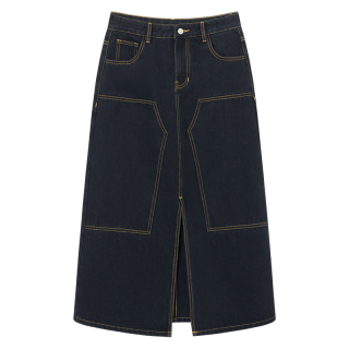 DUIBAI 2025秋冬丹宁风复古对称撞色线条前开叉女式深色牛仔半身裙