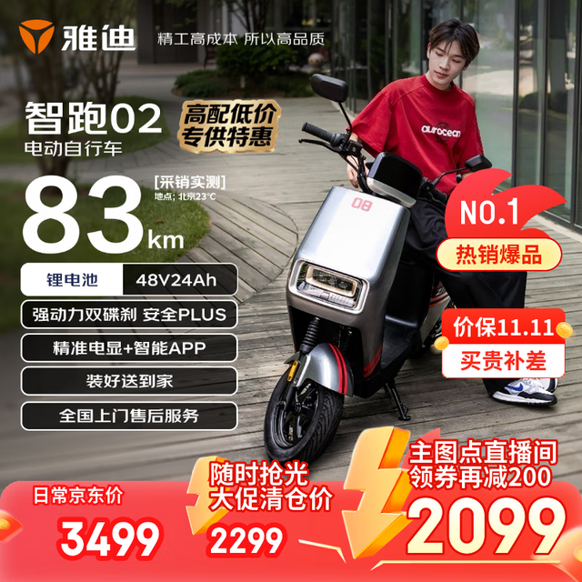 京东百亿补贴：雅迪 智跑02 电动自行车 48V24Ah 索罗灰