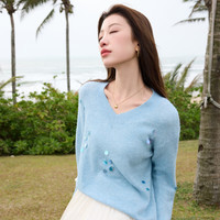 三彩大码女装2025秋款浪漫珠片V领宽松毛衫套头长袖胖MM 蓝色晕染 XL 170/96B