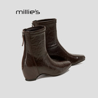 MILLIE'S/妙丽内增高坡短靴女2025后拉链皮面及踝靴显瘦靴HZ