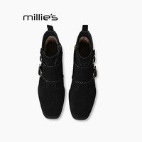 MILLIE'S/妙丽真皮羊皮粗跟高跟短靴女圆头舒适西部靴粗跟高跟鞋Z