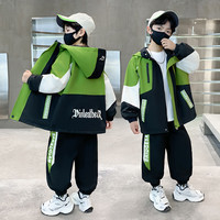 童唛屋 TongMaiwu 童装男童套装中大童春秋冬加绒加厚夹棉连帽外套男孩防风派克服潮 绿色春秋 160 码