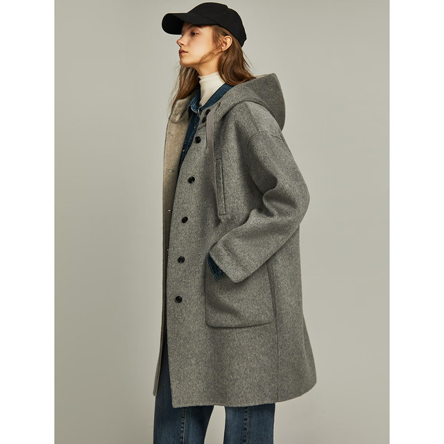 ELLE 她 100%绵羊毛毛呢外套女2023冬装双面呢大衣 灰色 M