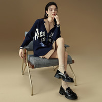 百思图春商场同款软羊皮松糕厚底英伦风乐福小皮鞋女TFW29CA2 黑色 37
