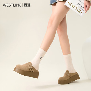 西遇勃肯鞋女厚底增高2025春季复古一脚蹬懒人鞋包头半拖鞋 深杏色 37 (235) 深杏色 (3810月11日）