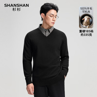 SHANSHAN杉杉可机洗100%绵羊毛衫男秋冬厚款假两件翻领针织衫男士保暖毛衣 黑色 L /175