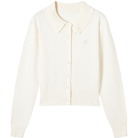 对白气质翻领刺绣针织开衫女2025秋新款绵羊毛高级感短款毛衣外套 米白色