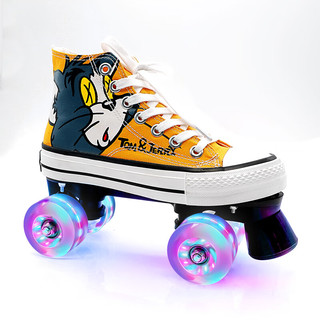 蒂米妮帆布双排溜冰鞋初学者轮滑鞋四轮闪光涂鸦旱冰鞋溜冰场夜光 (黄色)闪光轮+轮滑包 43