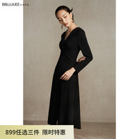 粉蓝衣橱经典简约大气针织连衣裙女秋冬装A字小黑裙 墨染黑
