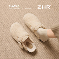 ZHR勃肯鞋女外穿羊羔绒厚底平底百搭半拖鞋包头懒人毛毛拖鞋女鞋 米色 35