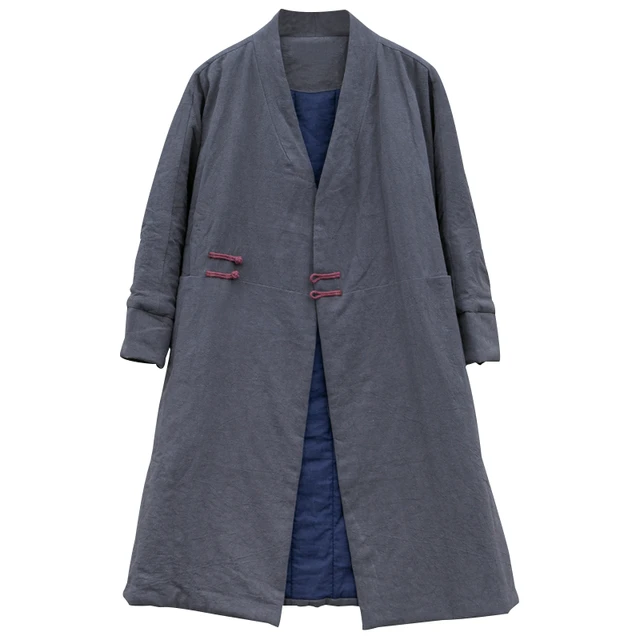 知笔墨秋冬日式开襟加厚冬和服棉袄 撞色宽松休闲盘扣夹棉风衣外套女 灰色 均码