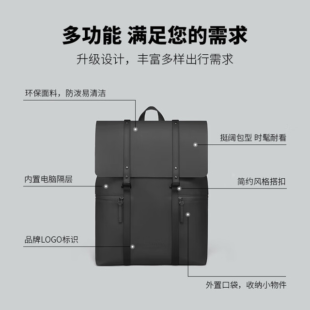 今日必买：Gaston Luga 明星同款 SPLASH系列 男女款双肩包 8001 典雅黑 中号