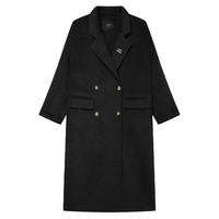 白鹿语冬季羊毛混纺双面呢大衣气质翻领厚款长款大衣外套女 黑色1 XL