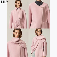 LILY冬女装绵羊毛骆驼绒设计感围巾领百搭通勤双面呢大衣 120浅粉 L