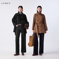 朗姿/LANCY【纯羊毛】2025冬气质双面呢大衣女立领双排扣外套 夜幕黑色 M