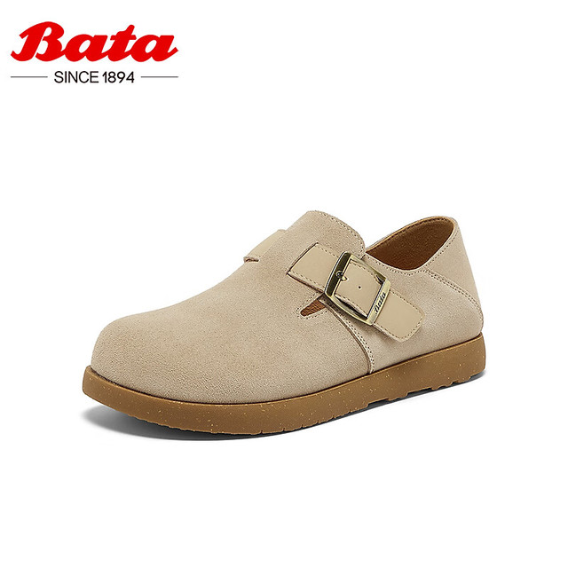 Bata 勃肯女2025商场英伦牛剖皮休闲一脚蹬单鞋