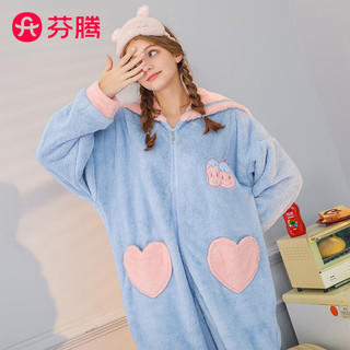 芬腾连体珊瑚绒睡衣女可外穿秋冬加绒加厚家居服连帽法兰绒后拉链 XL