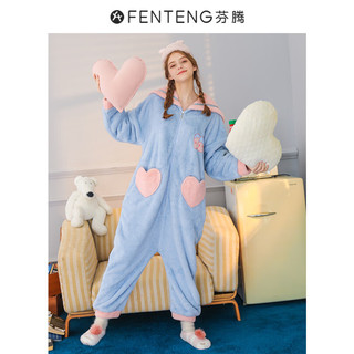 芬腾连体珊瑚绒睡衣女可外穿秋冬加绒加厚家居服连帽法兰绒后拉链 XL