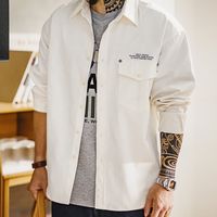 马登 MADEN工装美式休闲人字纹廓形长袖衬衫印花叠穿翻领白色衬衣男秋冬