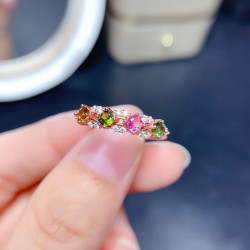 花饰庄园 925镀银镶嵌精致排戒碧玺糖果色开口戒指女 玫瑰金色气质指环 橙色