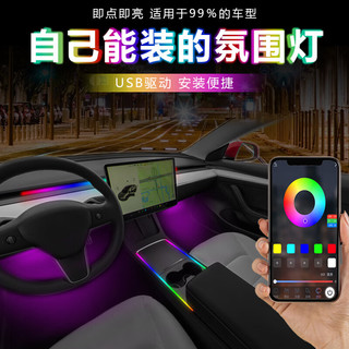 非迎漫汽车氛围灯免接线全景天窗气氛灯超薄亚克力改装装饰车内幻彩usb 4脚底幻彩64色