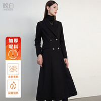 晚白2025年冬时尚简约气质厚外套休闲纯色长款毛呢大衣女 黑色 S