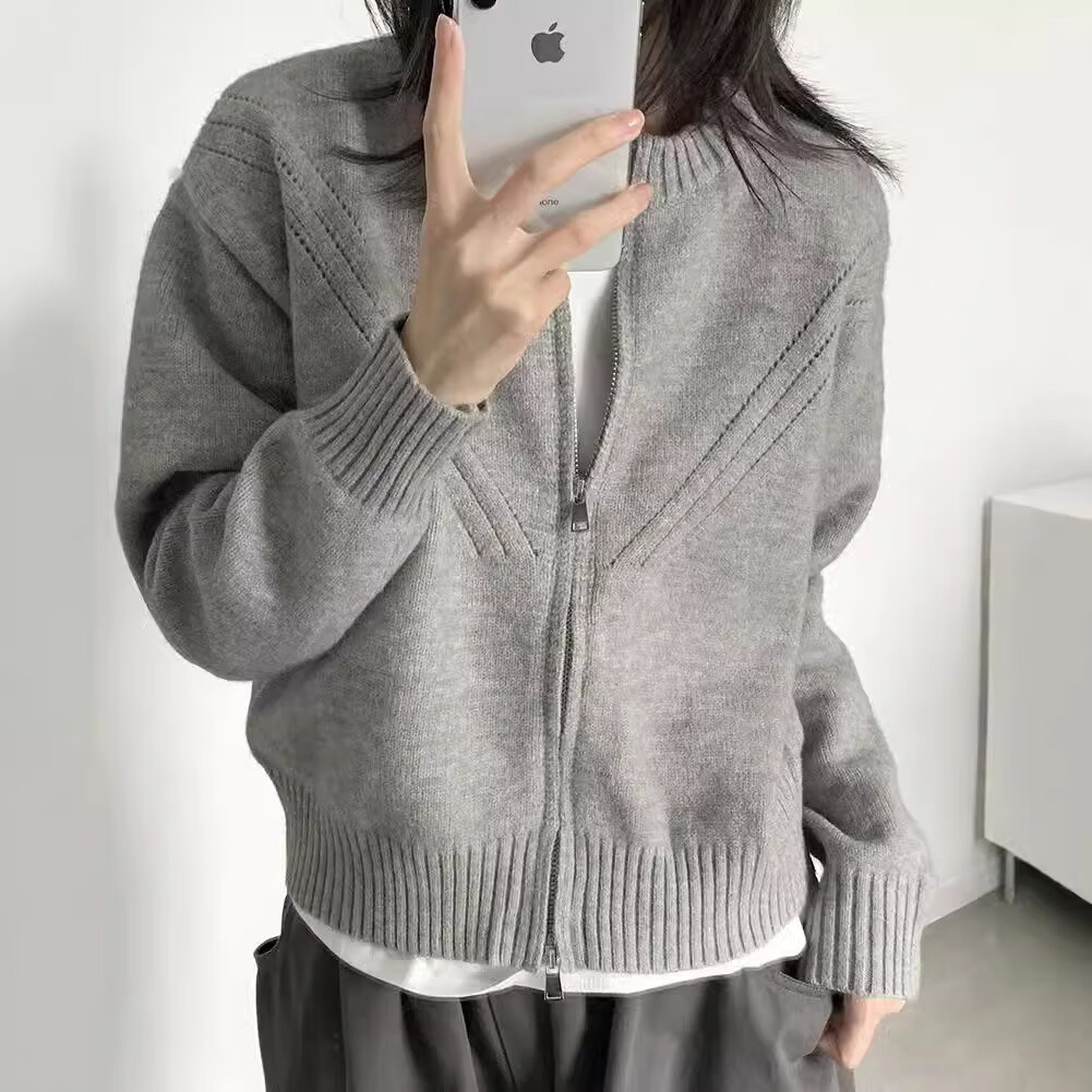 小野七天早秋灰色针织衫上衣开衫女长袖毛衣外套入秋韩系穿搭 均码